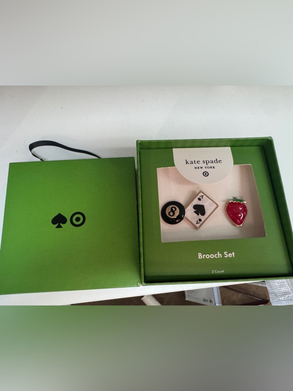 kate spade Green Brooch Set with Black, White, Red Enamel Pins